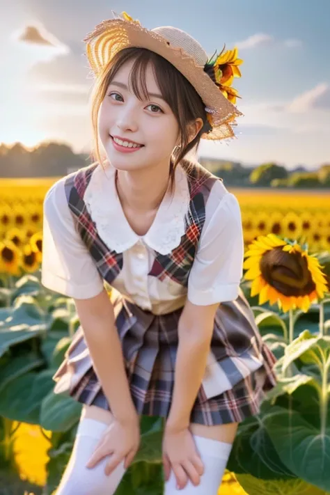 (Highly detailed CG Unity 16k wallpaper:1.1), (Denoising strength: 1.45), (T-Mastepiece:1.37), ((In the sunflower field，straw hat girl ackligh)，(White shirt，Red Check Ribbon，Red plaid mini skirt、Dark blue high socks，Absolute Area),(Best Illumination, Best ...