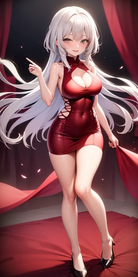 full-body close-up, create an elegant atmosphere), white short skirt, white hair shawl, graceful flowing, elegant movements, lustful smirking smile expression (red blush), floating in the air, (1girl), slim figure)