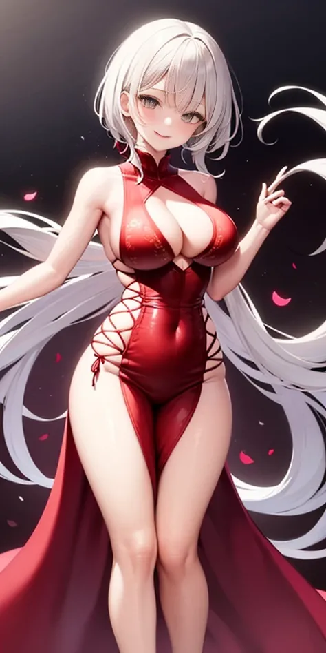 full-body close-up, create an elegant atmosphere), white short skirt, white hair shawl, graceful flowing, elegant movements, lustful smirking smile expression (red blush), floating in the air, (1girl), slim figure)