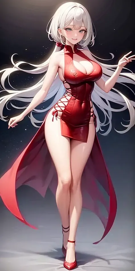 full-body close-up, create an elegant atmosphere), white short skirt, white hair shawl, graceful flowing, elegant movements, lustful smirking smile expression (red blush), floating in the air, (1girl), slim figure)