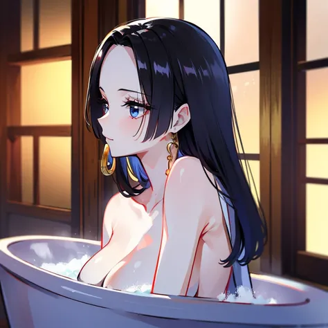 masutepiece, Fine detail, 4K, 8K, 12K, Solo, 1 person, Beautiful Girl, caucasian female, Upper body, Black hair, One Piece Hancock, Bath