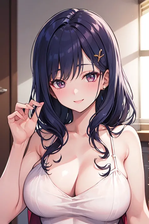 Perfect human body，Mature and intellectual woman， (very highly detailed background，Bedrooms), college aged，Student council president，long whitr hair，hair adornments，Slip dress，Colossal tits，sharp look，ssmile，(Blushlush:1.2),