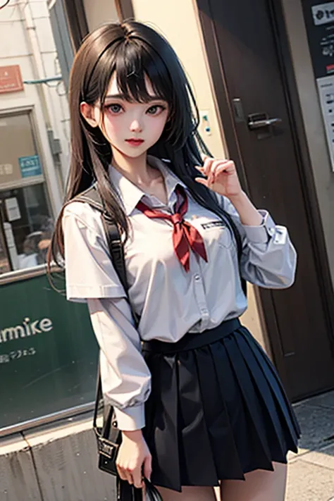 (sfw) a troublemaking college student, with a cold expression, long silky hair, black eyes, medium breasts, korean standard coll...