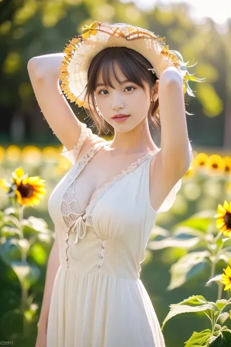 (Highly detailed CG Unity 16k wallpaper:1.1), (Denoising strength: 1.45), (T-Mastepiece:1.37), ((In the sunflower field，straw hat girl ackligh)，(White lace dress),(Best Illumination, Best Shadow, extremely delicate and beautiful), Girl on the central axis ...