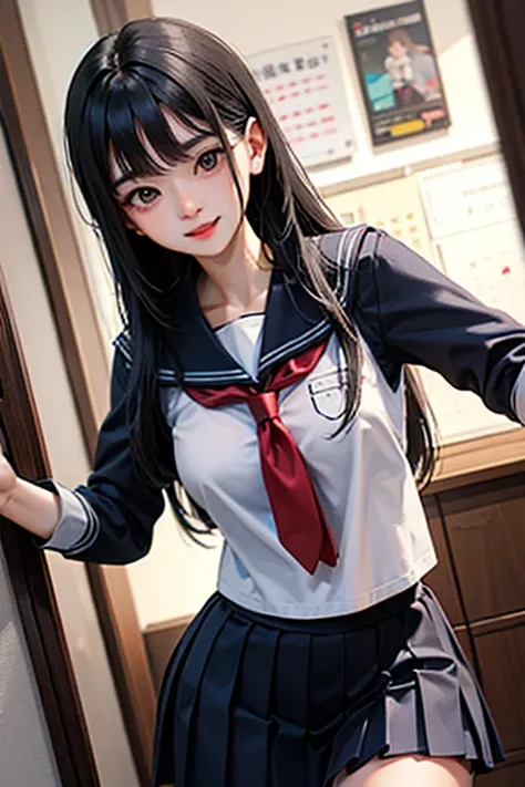 (sfw) a troublemaker college student, with a cold expression, long silky hair, black eyes, medium breasts, korean standard colle...