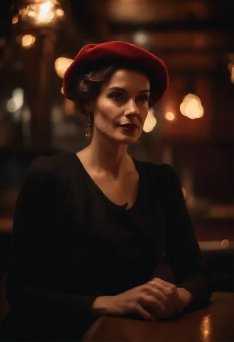 (best quality,highres),portrait,detailed depiction,beautiful French woman,with a tam hat,darkly lit tavern,moody atmosphere,crimson lighting,reflections on wooden surfaces,vibrant colors,subtle shadows. In France