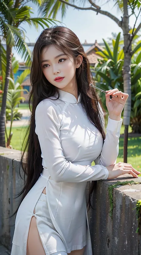 photorealistic portrait, high-res, 1woman, bara,See the whole body..,  Hip up, large boobs, look at viewer, (detailed face), Ao Dai Khao, thin, wet, No pants., No pants., beautiful legs, Tilt to the side, jewelry, trees