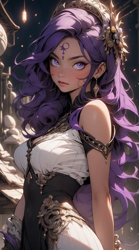 (Masterpiece - Ultra-Detailed, High Resolution) a woman, beautiful sorceress, with a moon marked on her forehead, medium hair, purple hair, cordial dress, no nudity, large breasts, beautiful body, beautiful face, merciless