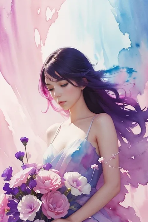 1girl,flower, Lisianthus ,in the style of light pink and light azure, dreamy and romantic compositions, pale pink, ethereal foliage, playful arrangements,fantasy, high contrast, ink strokes, explosions, over exposure, purple and red tone impression , abstr...