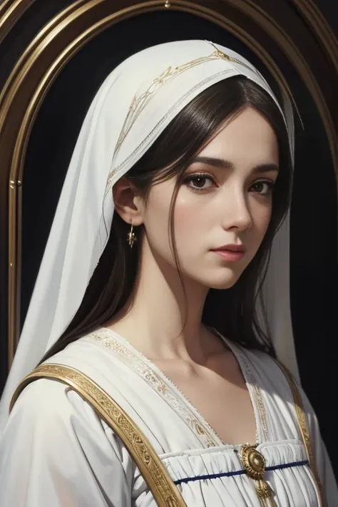 A beautiful ultra-thin realistic portrait of the Virgin Mary, white outfit with blue details, ((divinity)), full body, biblical, realistic, intricate details, by Abbott Fuller Graves, Bartolome Esteban Murillo, Jc Leyendecker, Craig Mullins, Peter Paul Rub...