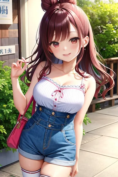 ultra - detailed，tmasterpiece，Best quality at best，love letter，Blushlush，Yazawa Nico,red eyes, Blunt hair, 1female、Camisole denim vest、denim short，Ancient style China、White bun hairstyle， brunette color hair、chubbiness、ssmile、White suspender tights、Tights ...