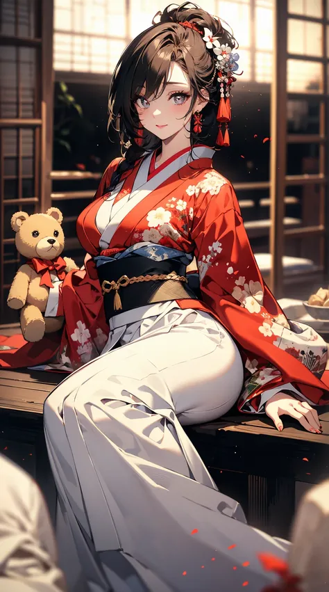 (Masterpiece, best quality), (ultra high resolution, 8K RAW photo, photo realistics, textile shading, thin outline), araffe matured woman in a kimono, sitting on a bed with holding a teddy bear, (wearing white silk robes), white hanfu, (wearing japanese ki...