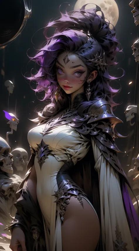 (Masterpiece - Ultra-Detailed, High Resolution) a woman, beautiful dark sorceress, with a moon marked on her forehead, (moon marked on her forehead) medium hair, purple hair, cordial dress, no nudity, large breasts, beautiful body, beautiful face, merciles...