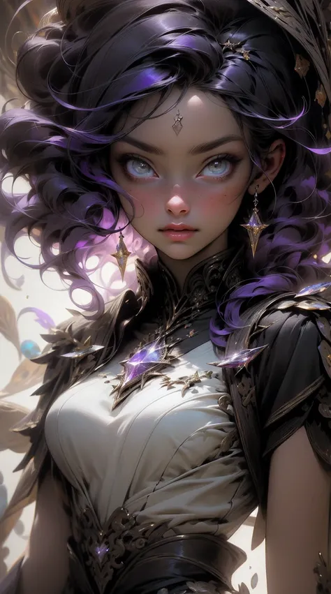 {-erro_de_anatomia:1.0}(Masterpiece - Ultra-Detailed, High Resolution) a woman, beautiful dark sorceress, medium hair, purple hair, cordial dress, with a crystal ball in her handsno nudity, large breasts, beautiful body, beautiful face, merciless, close up...