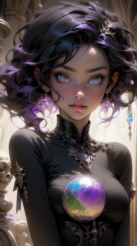 {-erro_de_anatomia:1.0}(Masterpiece - Ultra-Detailed, High Resolution) a woman, beautiful dark sorceress, medium hair, purple hair, cordial dress, with a crystal ball in her handsno nudity, large breasts, beautiful body, beautiful face, merciless, close up...