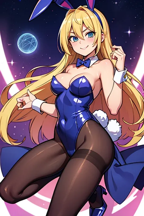 dark magician girl, pantyhose, strapless leotard, bunny ears headband, bowtie, wrist cuffs, bunny tail, beautiful face, blonde hair, smiling, highly detailed, HD