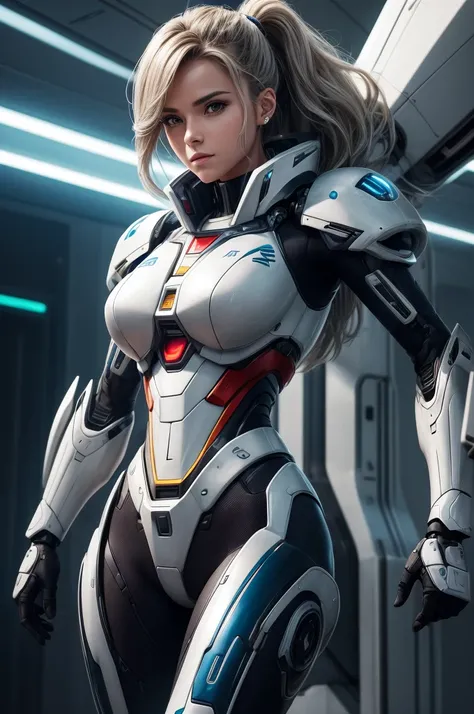 mulher solo, vestindo terno mecha+Cybernetic armor+Terno Gundam, Tudo branco com partes em dourado, cabelo moicano, cabelos azuis, messy hair, olhando diretamente para o espectador, she is, In an alien airport, with many machines, Lots of aliens, Muitas pe...