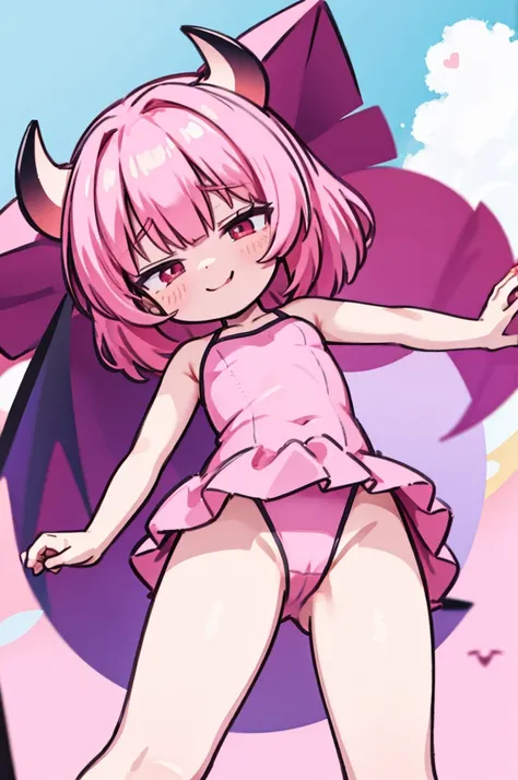 a very cute pink hair loli with demonic horns in swimsuit sexy pose