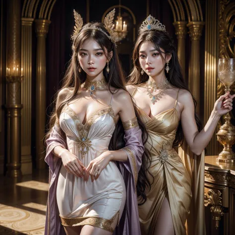 Noble goddess，posing elegantly，Stately atmosphere，face to the viewer，looking to the camera，Best quality、masterpiece、A high resolution、1 girl、Porcelain white silk porcelain dress，Nice face、busty figure，hair adornments、looking at viewert、cparted lips、shift d...