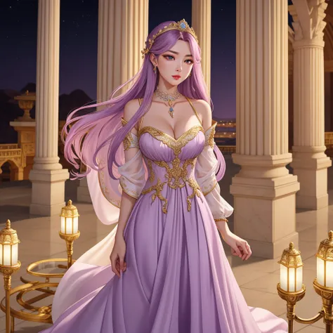 Noble goddess，posing elegantly，Stately atmosphere，face to the viewer，looking to the camera，Best quality、masterpiece、A high resolution、1 girl、Porcelain white silk porcelain dress，Nice face、busty figure，hair adornments、looking at viewert、cparted lips、shift d...