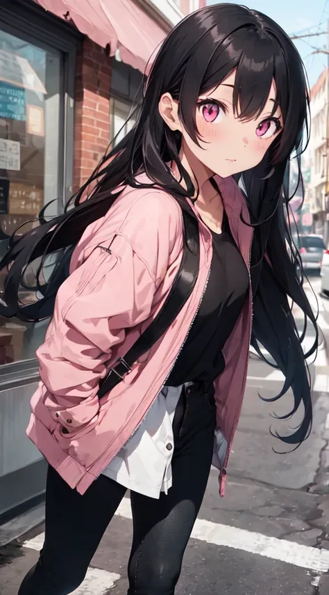 1girl, female, fit, straight long black hair, medium ass, medium breast, pink eyes, full body, wear jacket black,pink jacket, long black jeans,