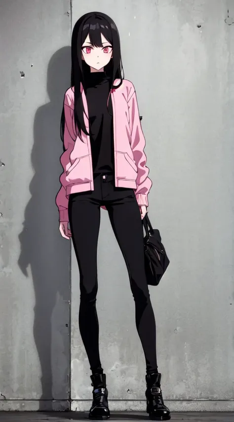 1girl, female, fit, straight long black hair, medium ass, medium breast, pink eyes, full body, wear jacket black,pink jacket, long black jeans,