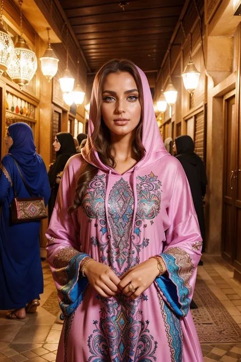 Instagram-Models posieren in Marakesh souk, in colorful futurisic kaftan hoodie, full entire body, beautiful detailed eyes, beautifully detailed lips, extremely detailed eyes and face, kurzes, welliges rosa Haar ((best qulaity)), ((Meisterwerk)), (detailli...