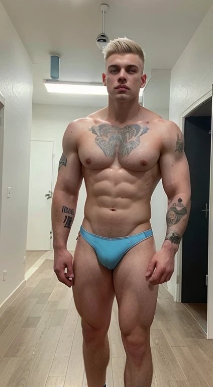 White young man , 18 years old, low taper fade haircut, totally white hair, blue eyes fixed,affiliated features, no facial hair, height 1.93, weight 100 kg, aesthetic muscular build, broad shoulders, V-shaped body, full body focus, completely hairless, tat...