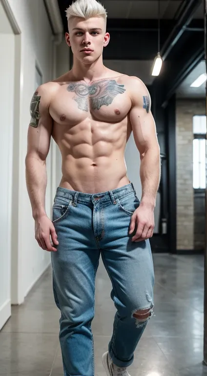 White young man , 18 years old, low taper fade haircut, totally white hair, blue eyes fixed,affiliated features, no facial hair, height 1.93, weight 100 kg, aesthetic muscular build, broad shoulders, V-shaped body, full body focus, completely hairless, tat...