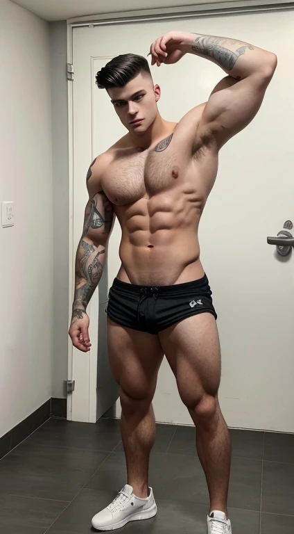 White young man , 18 years old, low taper fade haircut, black hair, blue eyes fixed,affiliated features, no facial hair, height 1.93, weight 100 kg, aesthetic muscular build, broad shoulders, V-shaped body, full body focus, completely hairless, half arm ta...