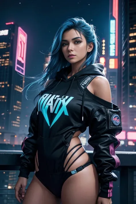 (masterpiece), best quality, ultra high res,woman, cyberpunk 1girl flying above stunning cityscape ,hoodie,blue hair,  neon color shooting stars, very long hair, off shoulder, feather hair ornament, neon colors, flashes, stunning night sky, cinematic light...