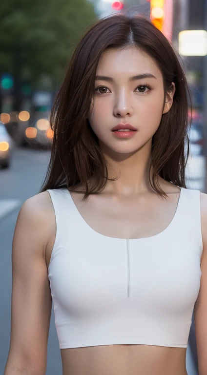 ((Realistic lighting, Best quality, 8K, Masterpiece: 1.3)), Clear focus: 1.2, 1girl, Perfect Figure: 1.4, Slim Abs: 1.1, ((Dark brown hair)), (White crop top: 1.4), (Outdoor, Night: 1.1), City streets, Super fine face, Fine eyes, Double eyelids,