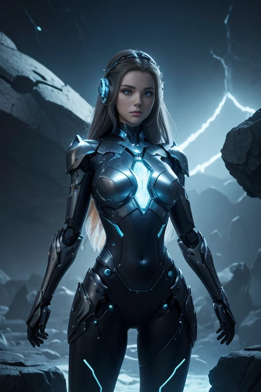 studio photo, beautiful robotic metal woman standing alone, strange fantasy image, odd glowing rocks, beautiful, detailed, long flowing hair, medium breasts, great skin texture