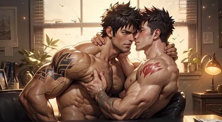 2 boys duo 2men age 25 muscular shirtless kissing (naked), Natsu Dragneel and Gray Fullbuster kissing in an office. Good body proportions, good composition, arms on waist, embrace, good arms good hands, ((distinct arms:1.2)). Tattoos and two penis and two ...