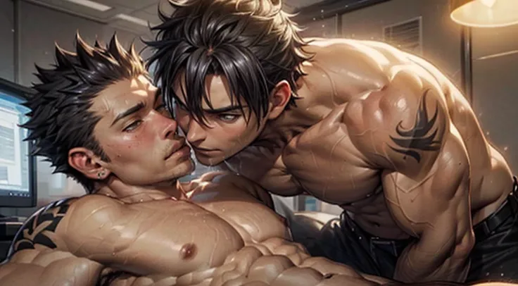 2 boys duo 2men age 25 muscular shirtless kissing (naked), Natsu Dragneel and Gray Fullbuster kissing in an office. Good body proportions, good composition, arms on waist, embrace, good arms good hands, ((distinct arms:1.2)). Tattoos and two penis and two ...