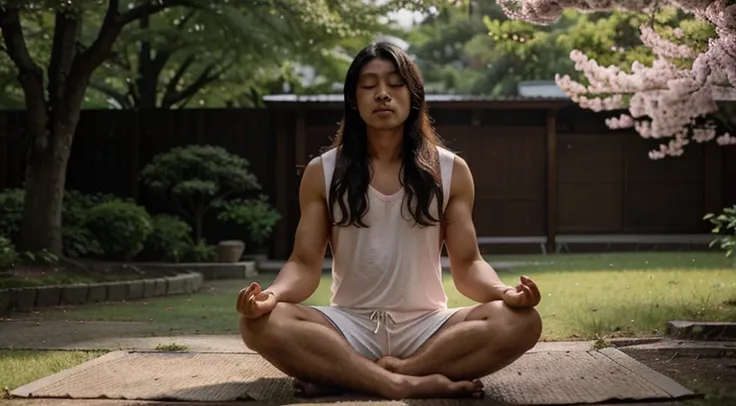 An Asian man with shorts, reto, and voluminous hair in a meditative position, with eyes closed and hands in prayer pose. Ele usa roupas claras e brancas. O sol ilumina a cena, creating a clear image and conveying a feeling of tranquility and calm. In the b...