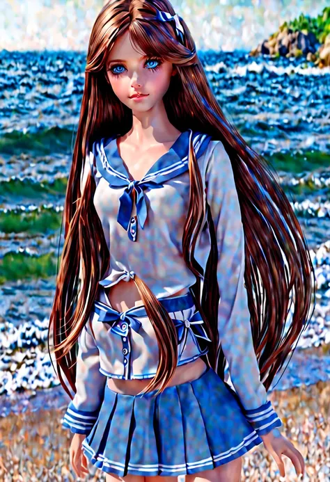 anime girl with long brown hair and blue eyes standing on beach, realistic young anime girl, anime barbie doll, kawaii realistic portrait, photorealistic anime, 3 d anime realistic, hyper realistic anime, realistic anime 3 d style, 3d anime girl, hyperreal...