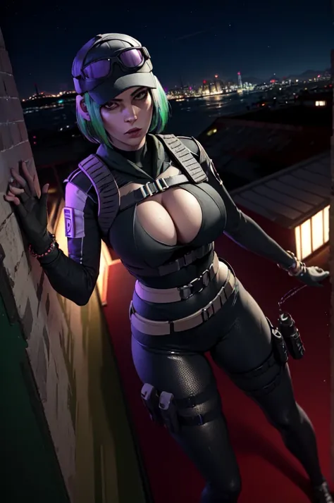 ela_(rainbow_six_siege), masterpiece, best quality,  blkwidow, black bodysuit, cleavage, black belt, black gloves, large breasts, bracelet, cityscape, looking at viewer, night, rooftop, contrapposto, thighs