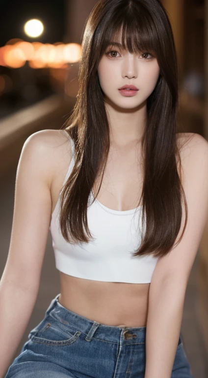 ((Realistic lighting, Best quality, 8K, Masterpiece: 1.3)), Clear focus: 1.2, 1girl, Perfect Figure: 1.4, Slim Abs: 1.1, ((Dark brown hair)), (White crop top: 1.4), (Outdoor, Night: 1.1), City streets, Super fine face, Fine eyes, Double eyelids, ( long hai...