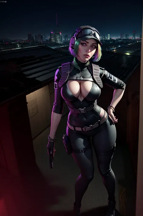 ela_(rainbow_six_siege), masterpiece, best quality,  blkwidow, black bodysuit, cleavage, black belt, black gloves, large breasts, bracelet, cityscape, looking at viewer, night, rooftop, contrapposto, thighs