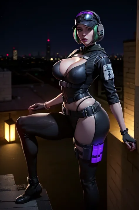 ela_(rainbow_six_siege), masterpiece, best quality,  blkwidow, black bodysuit, cleavage, black belt, black gloves, large breasts, bracelet, cityscape, looking at viewer, night, rooftop, contrapposto, thighs