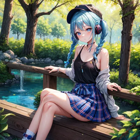 Blue hair、blue eyess、Braids、poneyTail、one good looking girl、独奏、animesque、Plaid miniskirt、Black T-shirt、camisole、the woods、Wearing a plaid baseball cap、bare-legged、Tilting your face、log bridge、Doing the ribbon、have a twig、falls、Blue Topaz、Sunset sky、Wearing...