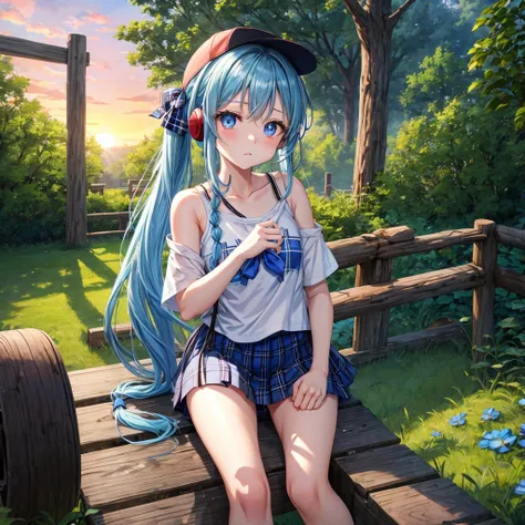 Blue hair、blue eyess、Braids、poneyTail、one good looking girl、独奏、animesque、Plaid miniskirt、Black T-shirt、camisole、the woods、Wearing a plaid baseball cap、bare-legged、Tilting your face、log bridge、Doing the ribbon、have a twig、falls、Blue Topaz、Sunset sky、Wearing...