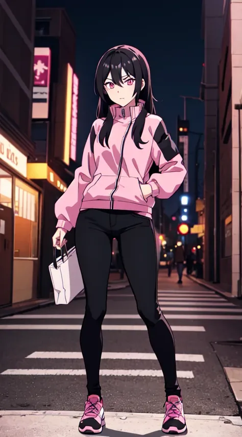 1girl, female, fit, long jet black hair, medium ass, medium breast, pink eyes, full body, wear jacket black, pink jacket, long black jeans, night time in the city, HD, 4k, Best Quality, pink shoes,