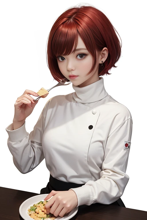 best quality, masterpiece, kyrielight mash, solo, 1girl, black eyes, white turtleneck shirt, (chibi: 0.6), light red hair, sticker, emoji, cute, white background, ((making food))