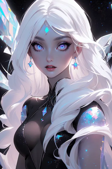 {-erro_de_anatomia:1.0} masterpiece, highest quality, (perfect face:1.1, (high detail)1.1, sweet Alien vampire , long soft white hair, opal eyes, perfectly drawn face, black dress, stars detailed background, prismatic lighting, glitter, whole body,