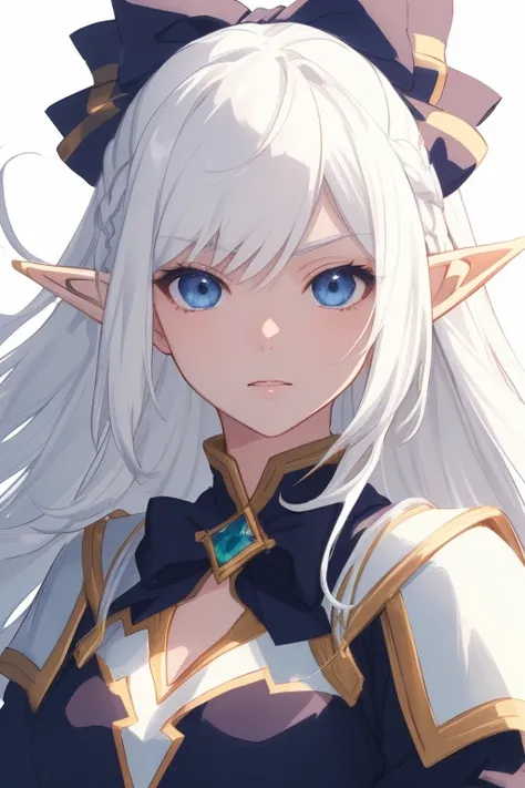 (a light elf, warrior, with bow, white hair, detailed eyes, detailed face, anime version), high quality, vibrant colors, soft lighting, masterpiece.