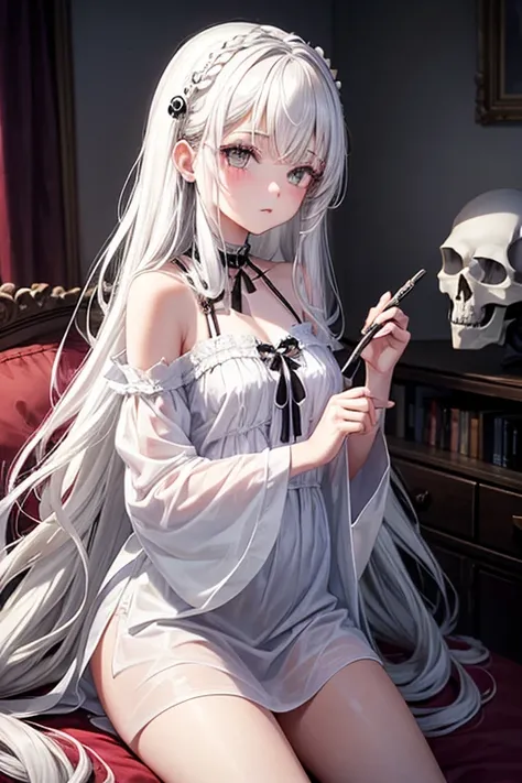 1girl, 18 years old, long white hair, white eyes, white short nightgown, princess death, skull hair clip, drawing a skull, in bedroom.