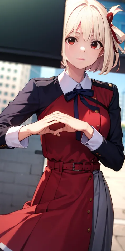 chisatonishikigi, nishikigi chisato, short hair, bangs, blonde hair, (red eyes:1.5), hair ribbon, one side up, bob cut,
BREAK shirt, long sleeves, dress, ribbon, white shirt, collared shirt, belt, neck ribbon, red dress, blue ribbon, pleated dress, grey dr...