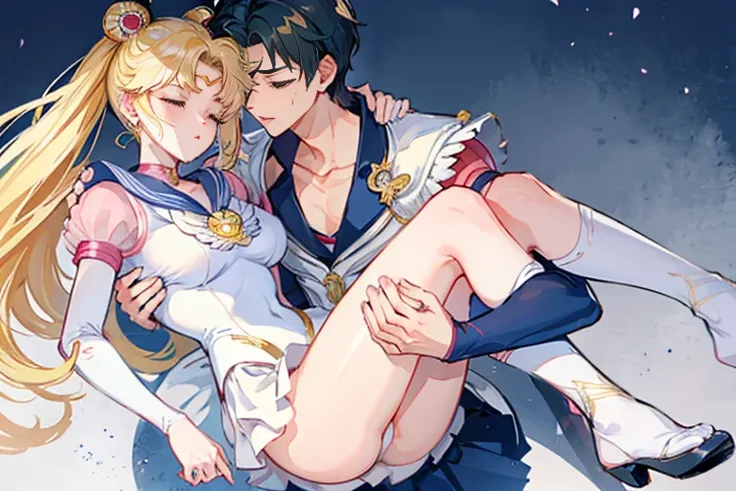 1boy,1girl,princess carry, eternal sailor moon, closed eyes, parted lips, pain, white panties, big breast